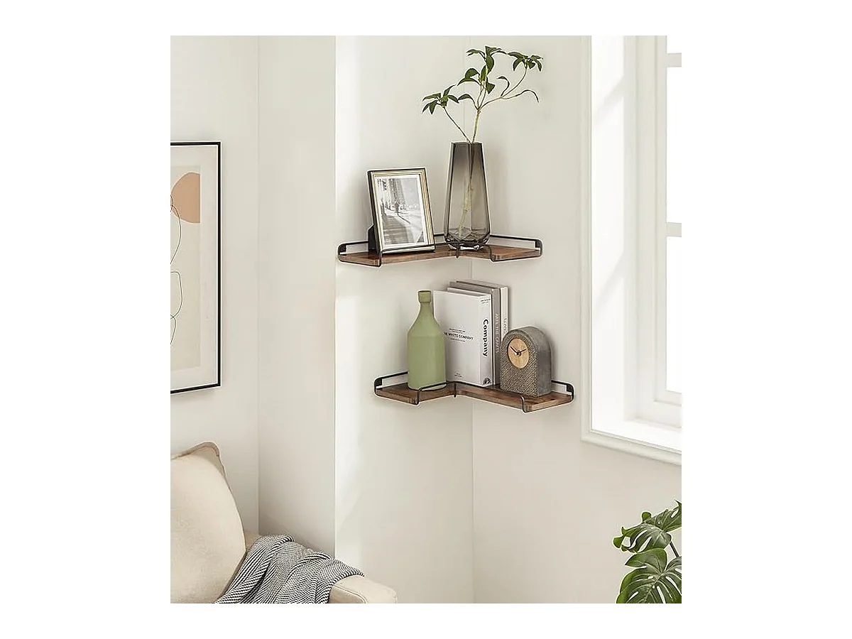 Parya Home L-vormige hoekplank, set van 2, wandplank, industrieel ontwerp, vintage bruin-zwart