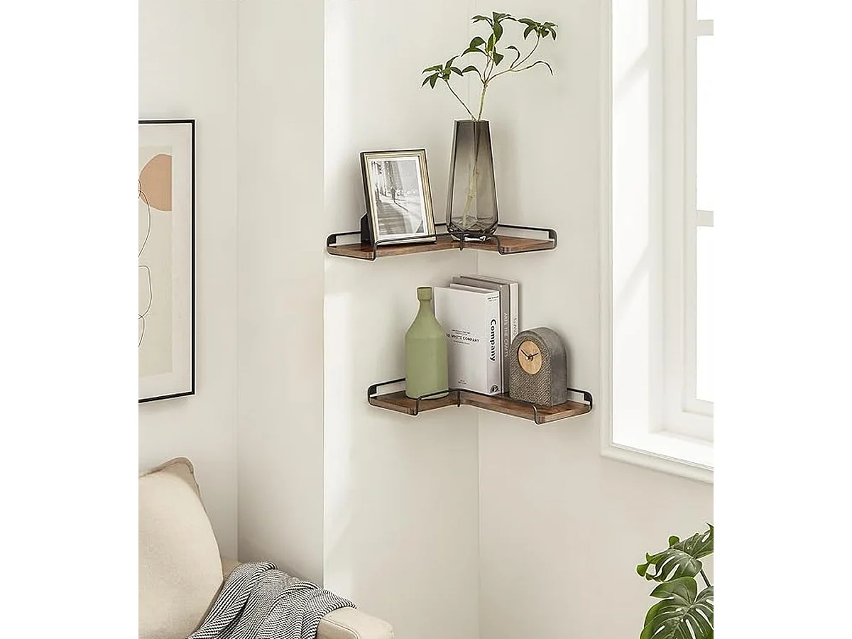 Parya Home L-vormige hoekplank, set van 2, wandplank, industrieel ontwerp, vintage bruin-zwart