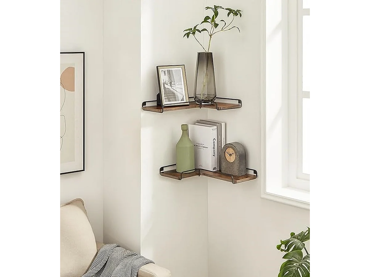 Parya Home L-vormige hoekplank, set van 2, wandplank, industrieel ontwerp, vintage bruin-zwart