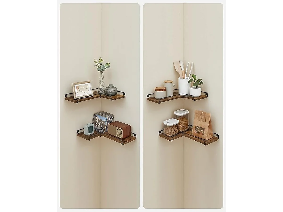 Parya Home L-vormige hoekplank, set van 2, wandplank, industrieel ontwerp, vintage bruin-zwart