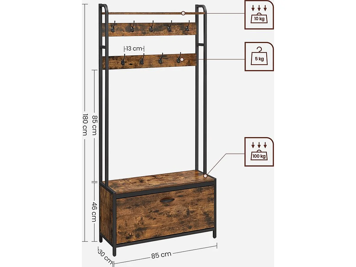 Parya home Porte-manteau avec meuble à chaussures - porte-manteau avec banc - porte-vêtements - porte-chaussures - 9 crochets