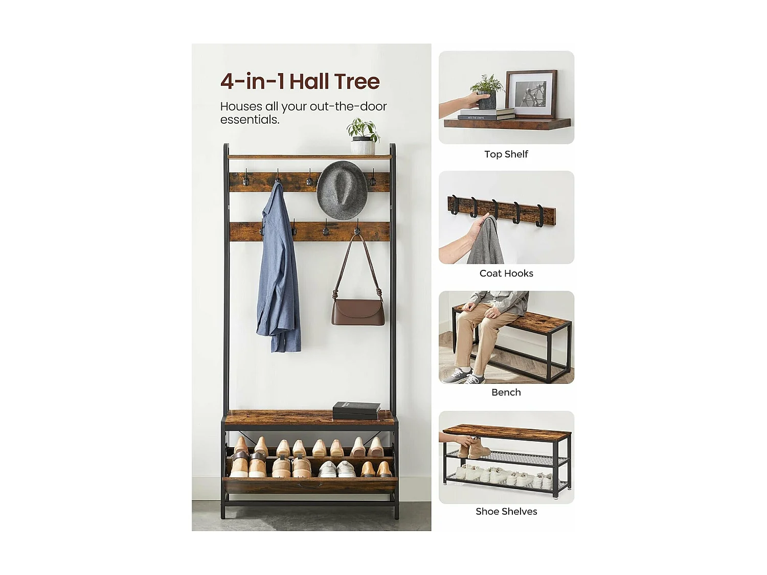 Parya home Porte-manteau avec meuble à chaussures - porte-manteau avec banc - porte-vêtements - porte-chaussures - 9 crochets