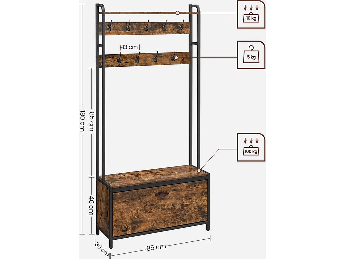 Parya home Porte-manteau avec meuble à chaussures - porte-manteau avec banc - porte-vêtements - porte-chaussures - 9 crochets