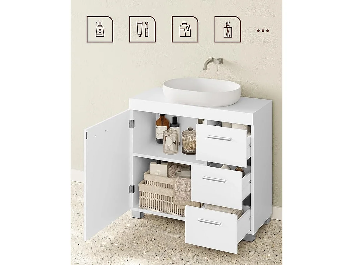 Parya Home Onderkast, Badkamerkast met 3laden, 2 compartimenten achter de deur, 30x 70x 64cm, Wit