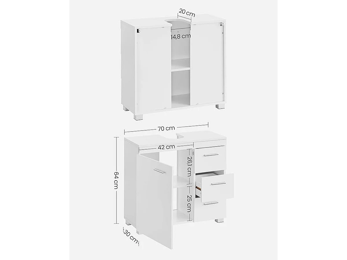 Parya Home Onderkast, Badkamerkast met 3laden, 2 compartimenten achter de deur, 30x 70x 64cm, Wit