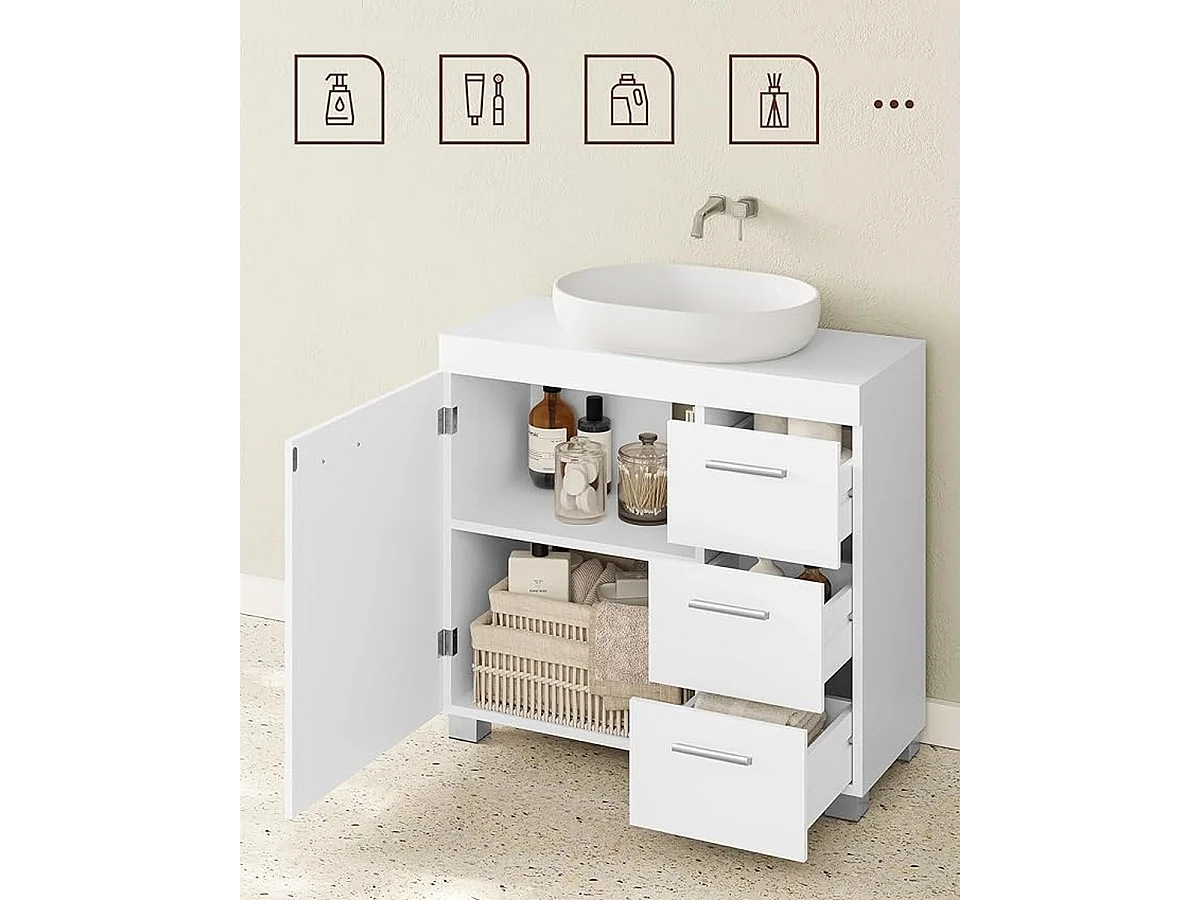 Parya Home Onderkast, Badkamerkast met 3laden, 2 compartimenten achter de deur, 30x 70x 64cm, Wit