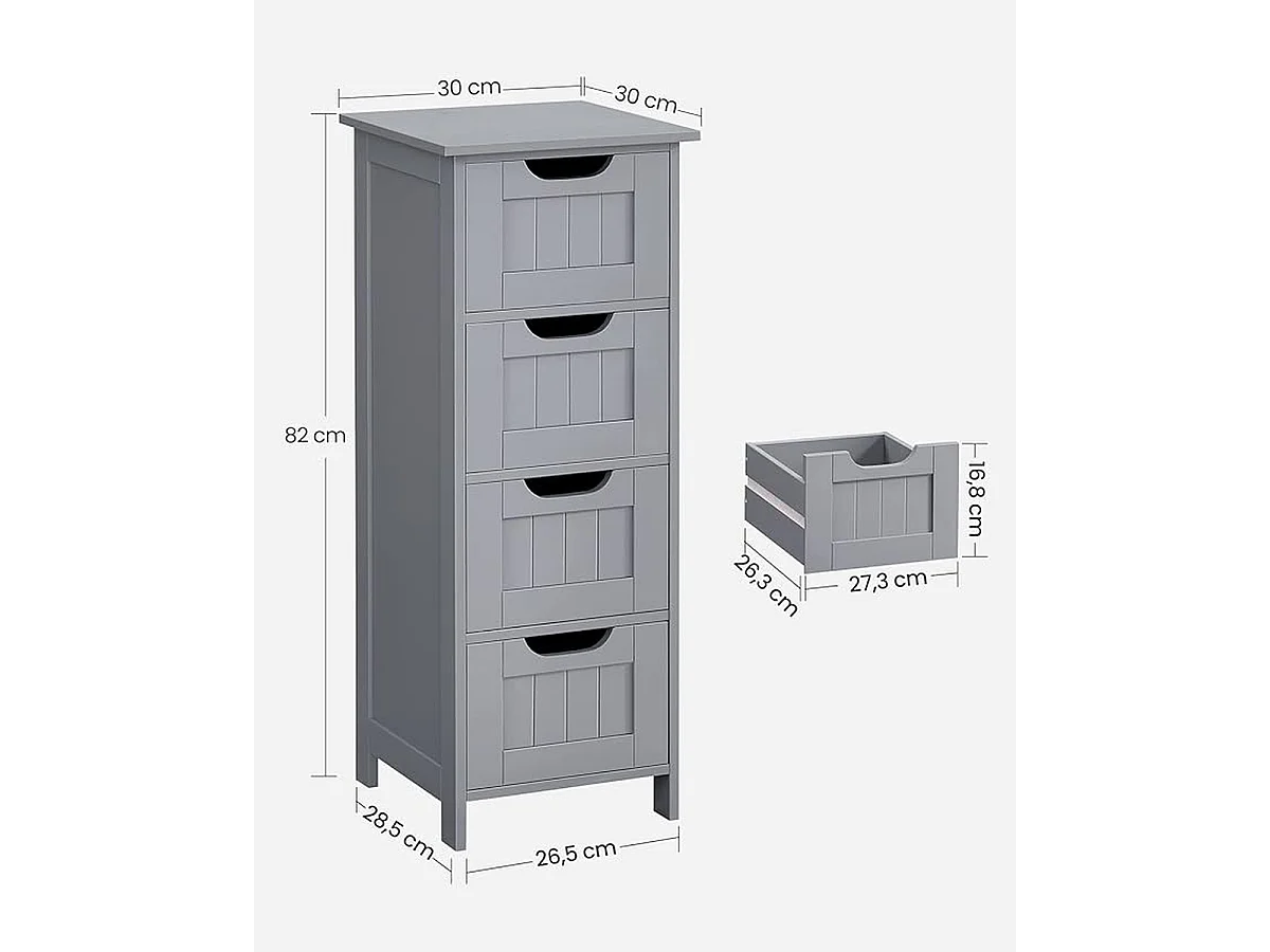 Parya Home Armoire de toilette, armoire de salle de bain, armoire latérale avec 4 tiroirs, 30 x 30 x 82 cm, gris mat