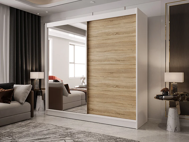 Zweitüriger Schiebeschrank mit Spiegel BOSTON  B1 Weiß/Sonoma