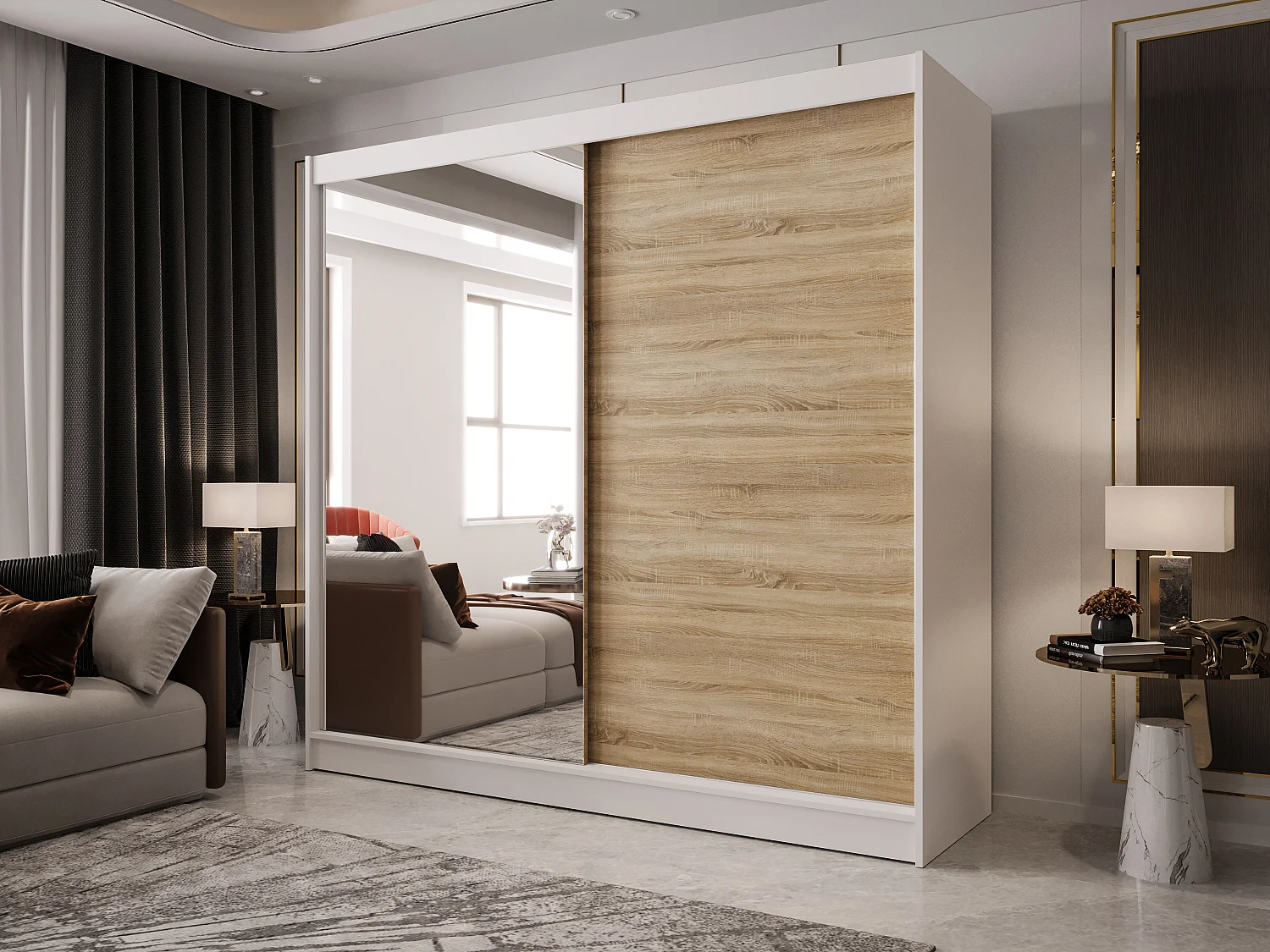 Zweitüriger Schiebeschrank mit Spiegel BOSTON  B1 Weiß/Sonoma