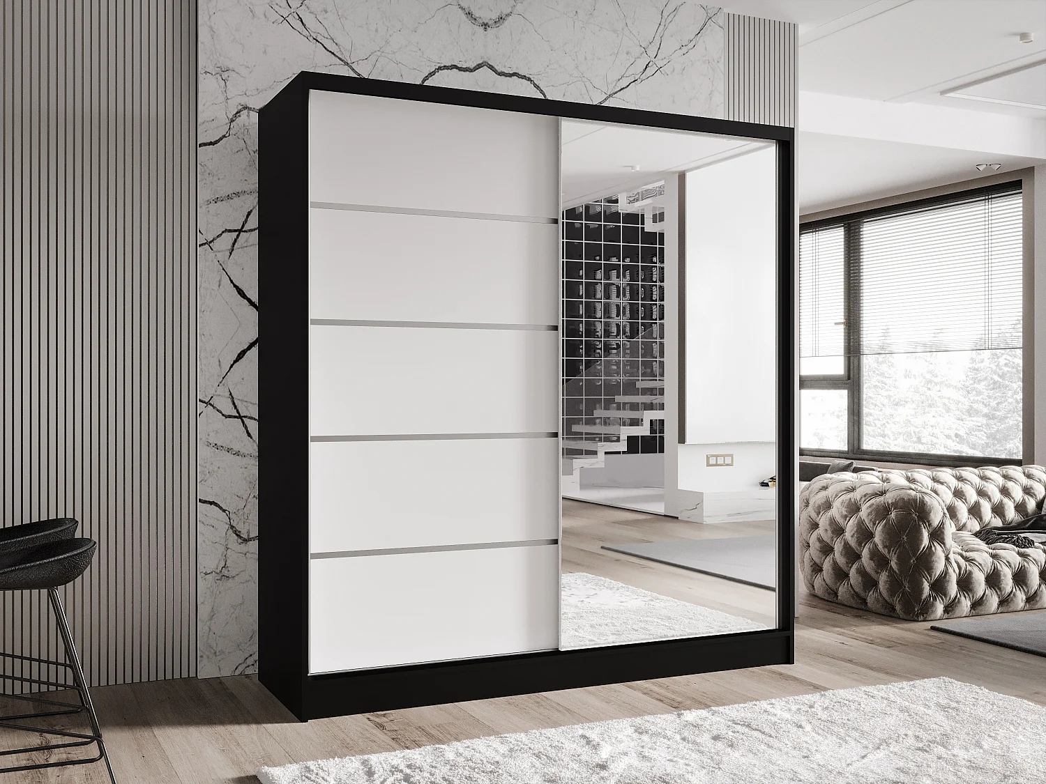 Zweitüriger Schiebeschrank mit Spiegel TORONTO T3 Schwarz/Weiß