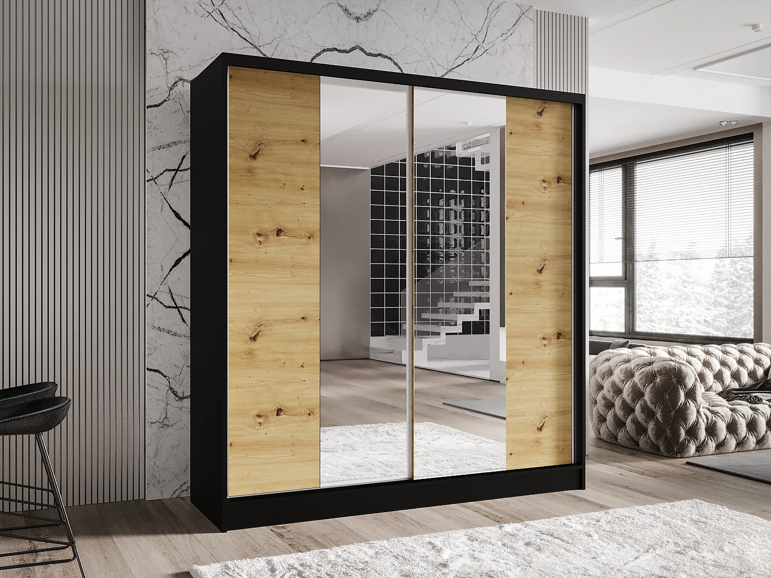 Zweitüriger Schiebeschrank mit Spiegel TORONTO T2 Schwarz/Artisan