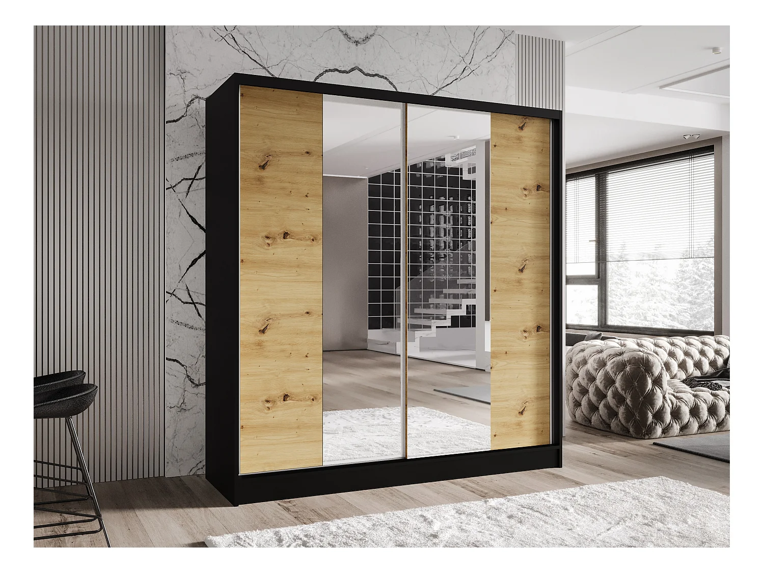 Zweitüriger Schiebeschrank mit Spiegel TORONTO T2 Schwarz/Artisan
