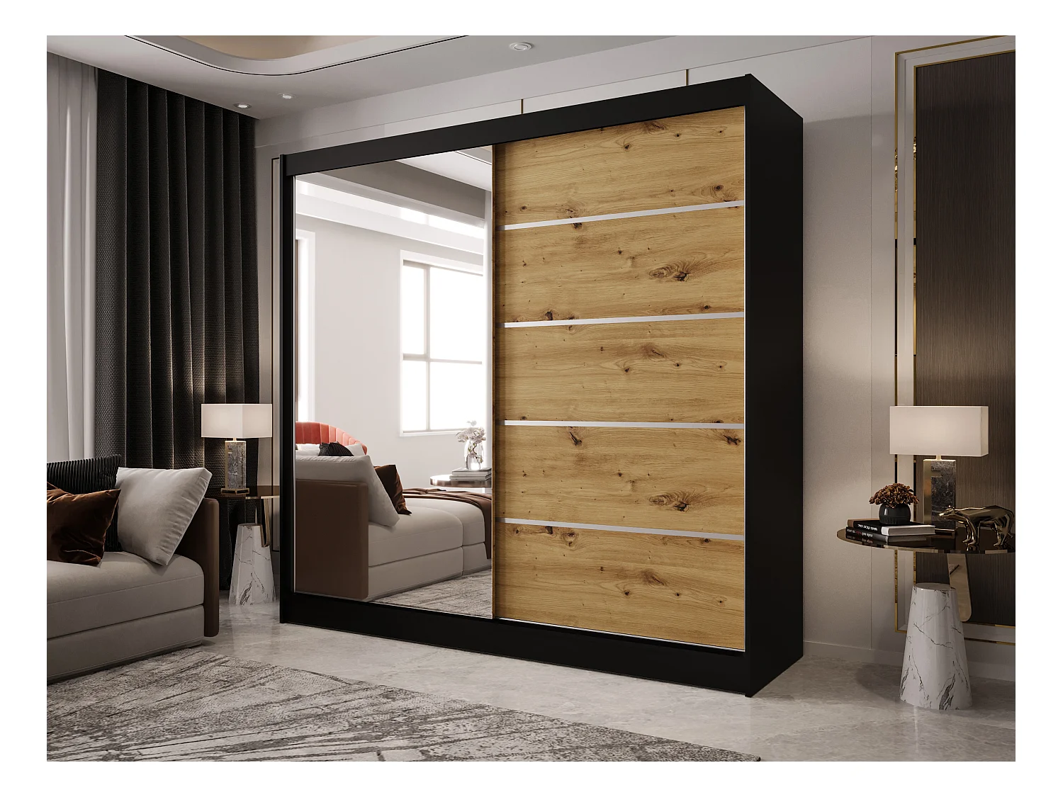 Zweitüriger Schiebeschrank mit Spiegel BOSTON  B3 Schwarz/Artisan