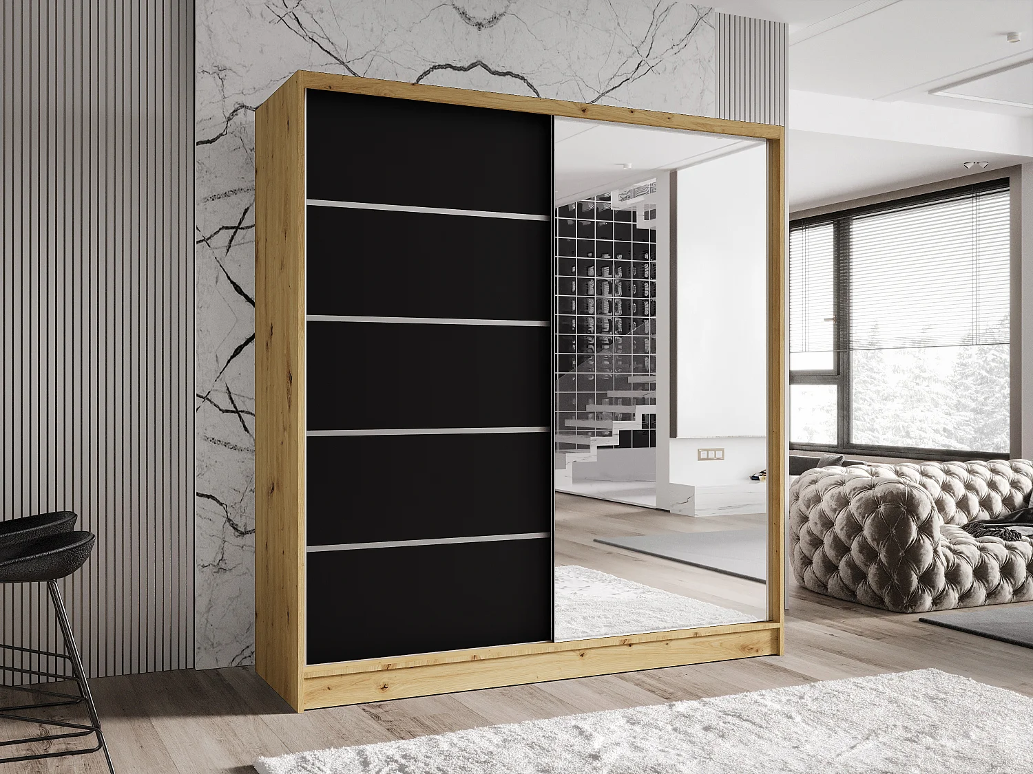 Zweitüriger Schiebeschrank mit Spiegel TORONTO T3 Artisan/Schwarz