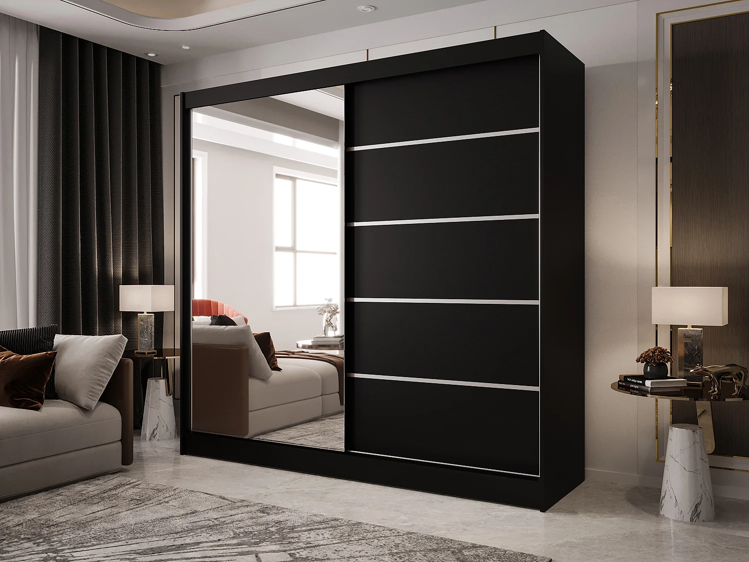 Zweitüriger Schiebeschrank mit Spiegel BOSTON  B3 Schwarz