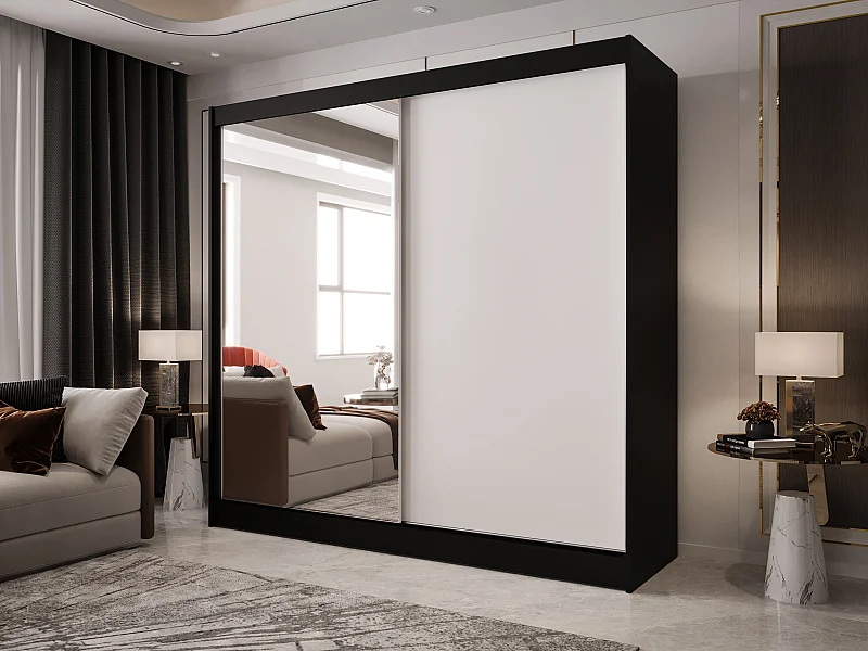 Zweitüriger Schiebeschrank mit Spiegel BOSTON  B1 Schwarz/Weiß