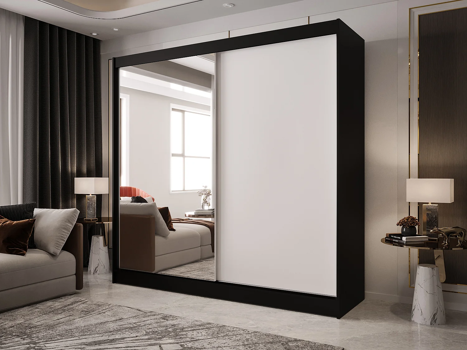 Zweitüriger Schiebeschrank mit Spiegel BOSTON  B1 Schwarz/Weiß