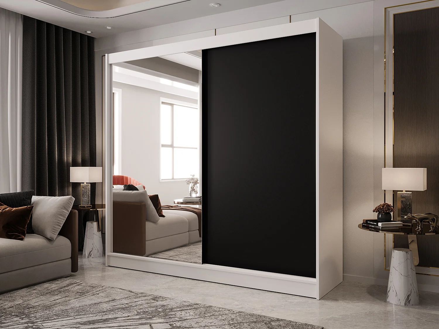 Zweitüriger Schiebeschrank mit Spiegel BOSTON  B1 Weiß/Schwarz