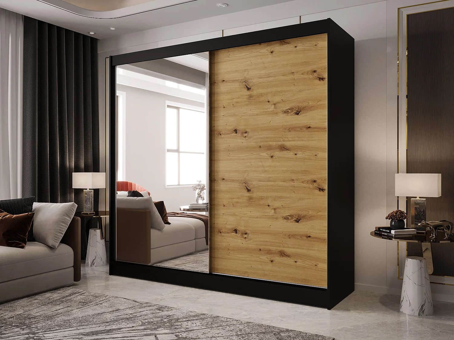 Zweitüriger Schiebeschrank mit Spiegel BOSTON  B1 Schwarz/Artisan