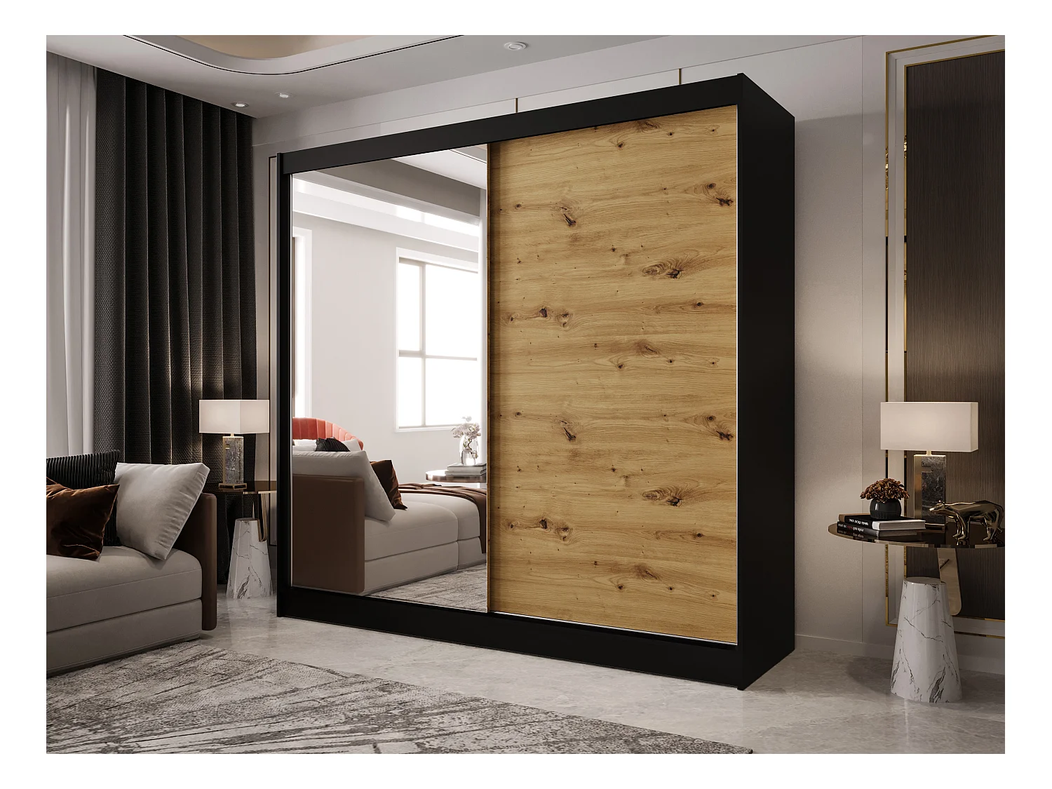 Zweitüriger Schiebeschrank mit Spiegel BOSTON  B1 Schwarz/Artisan
