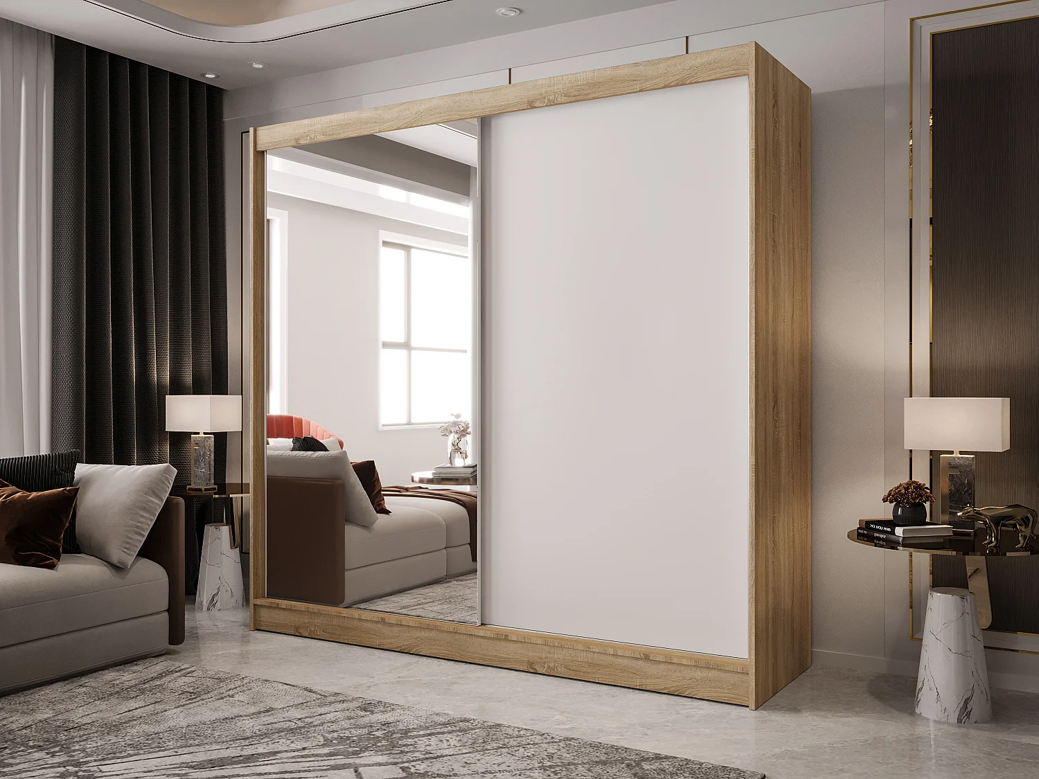 Zweitüriger Schiebeschrank mit Spiegel BOSTON  B1 Sonoma/Weiß