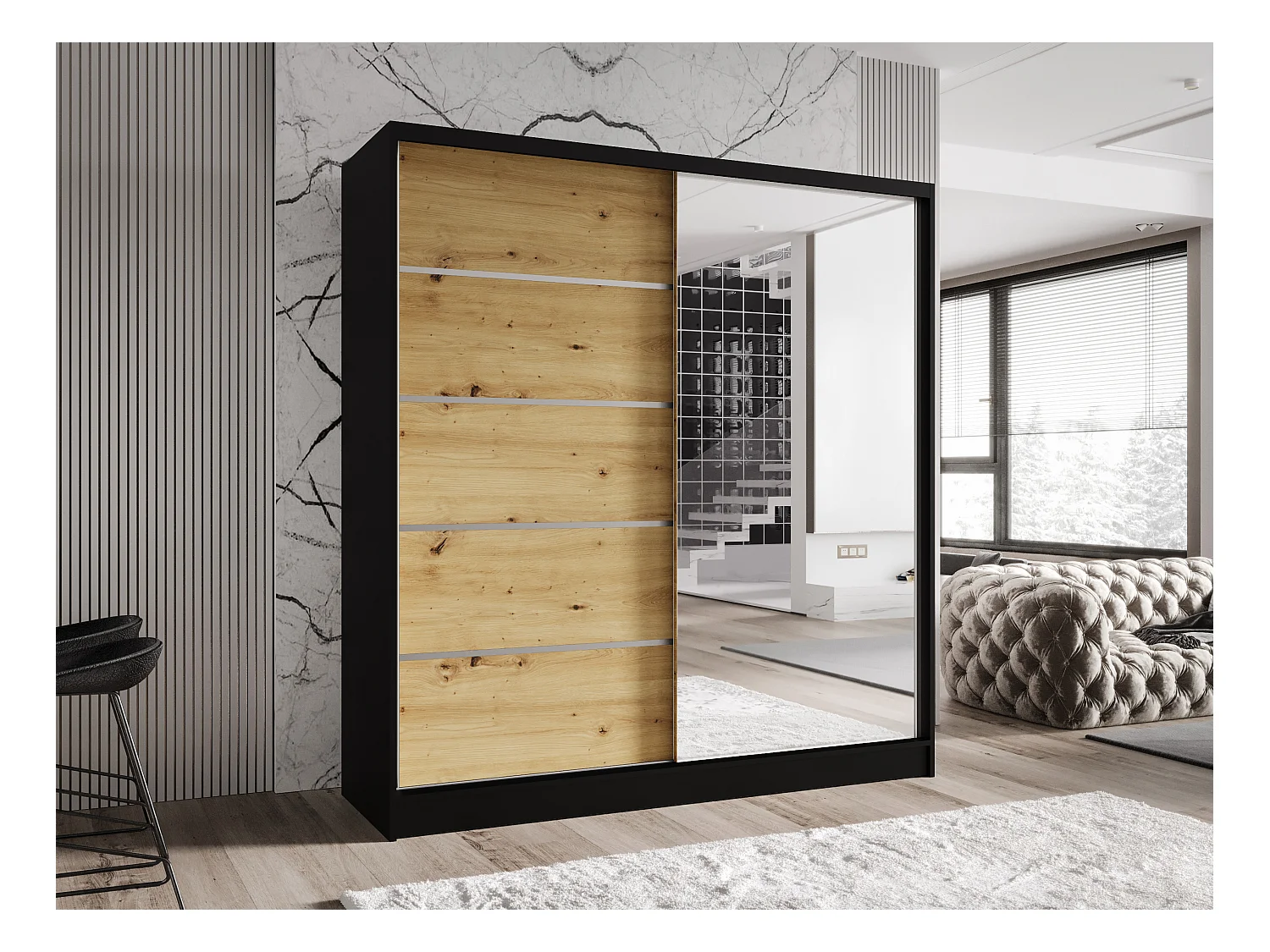 Zweitüriger Schiebeschrank mit Spiegel TORONTO T3 Schwarz/Artisan
