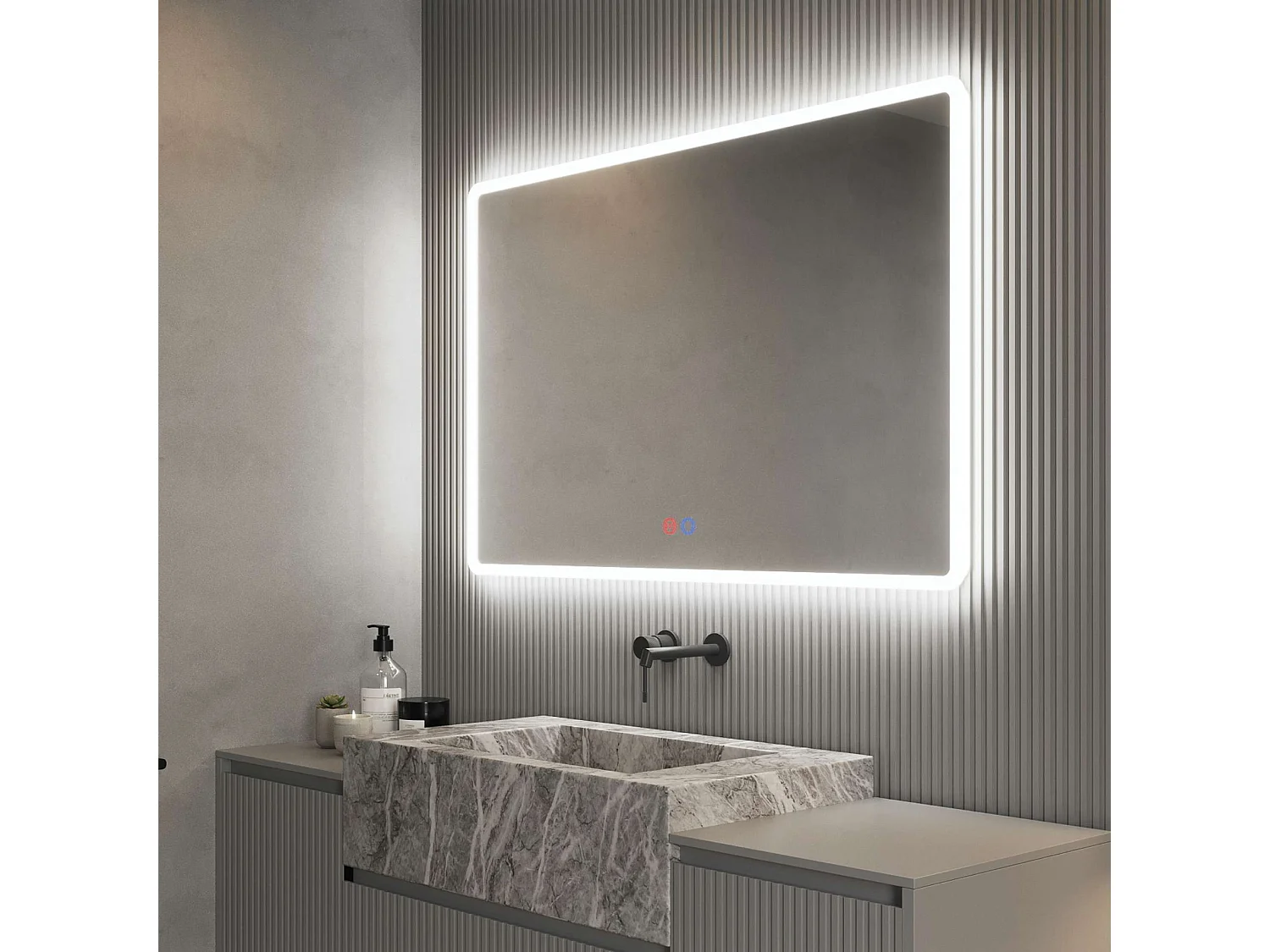 Miroir Salle de Bain PRAGA - 90x80cm - Led Rétro-éclairé & Diffusion Frontal - Tactiles On/Off & Anti-Buée - LEDIMEX