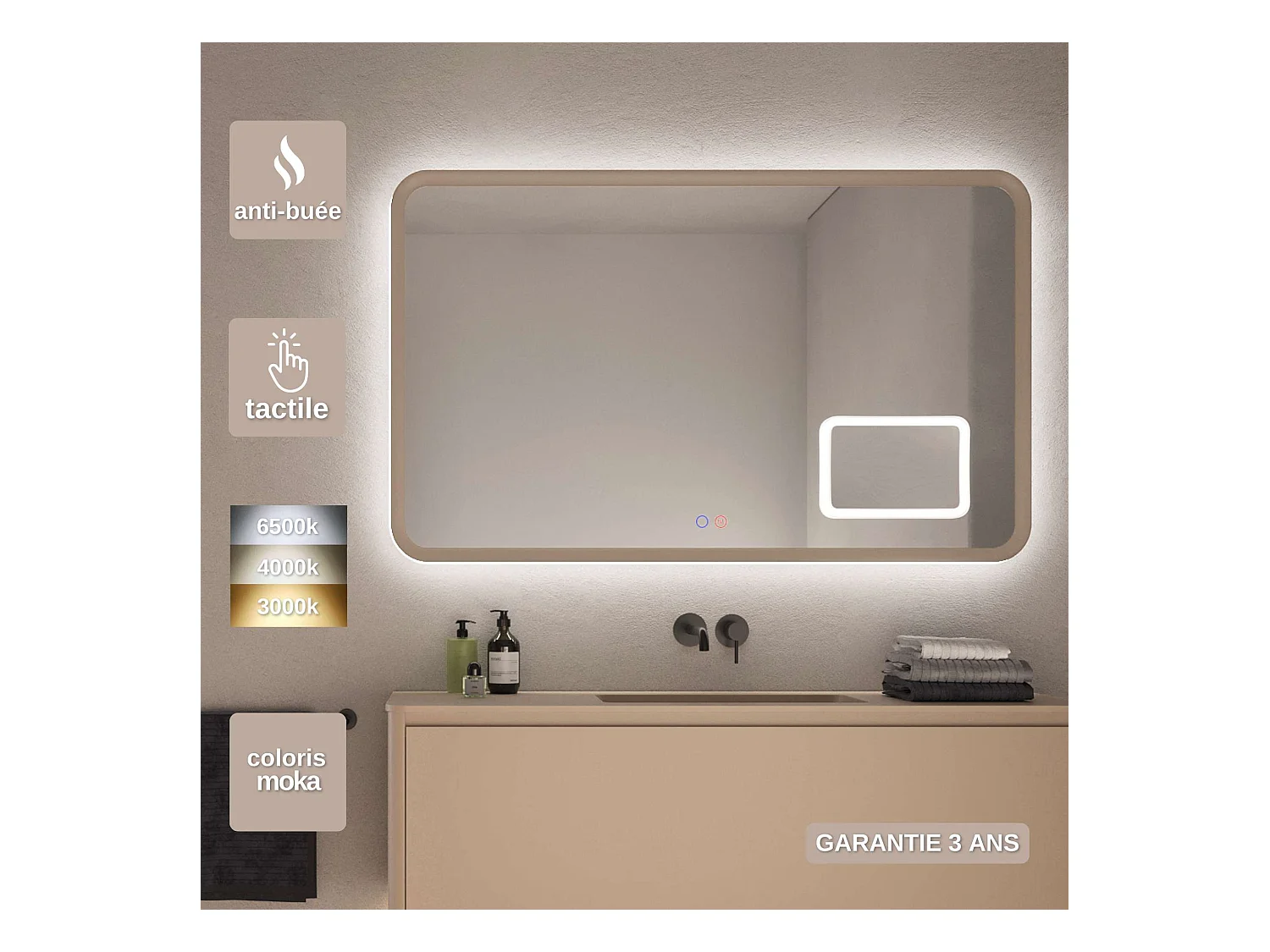 Miroir Led DUOMO Moka 80X80cm - T° Led Variable Rétro-éclairé & Frontal - Tactiles On/Off & Anti-Buée - Zone X3 - LEDIMEX