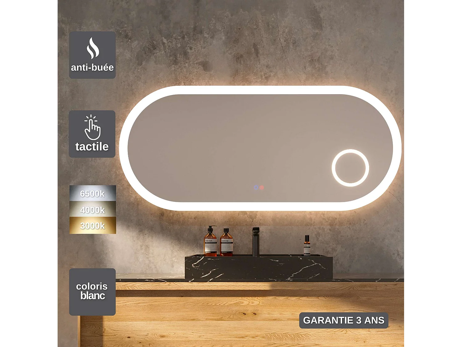 Miroir Led RIMINI Blanc120X55cm - T° Led Variable Rétro-éclairé & Frontal - Tactiles On/Off & Anti-Buée - Zone X3 - LEDIMEX