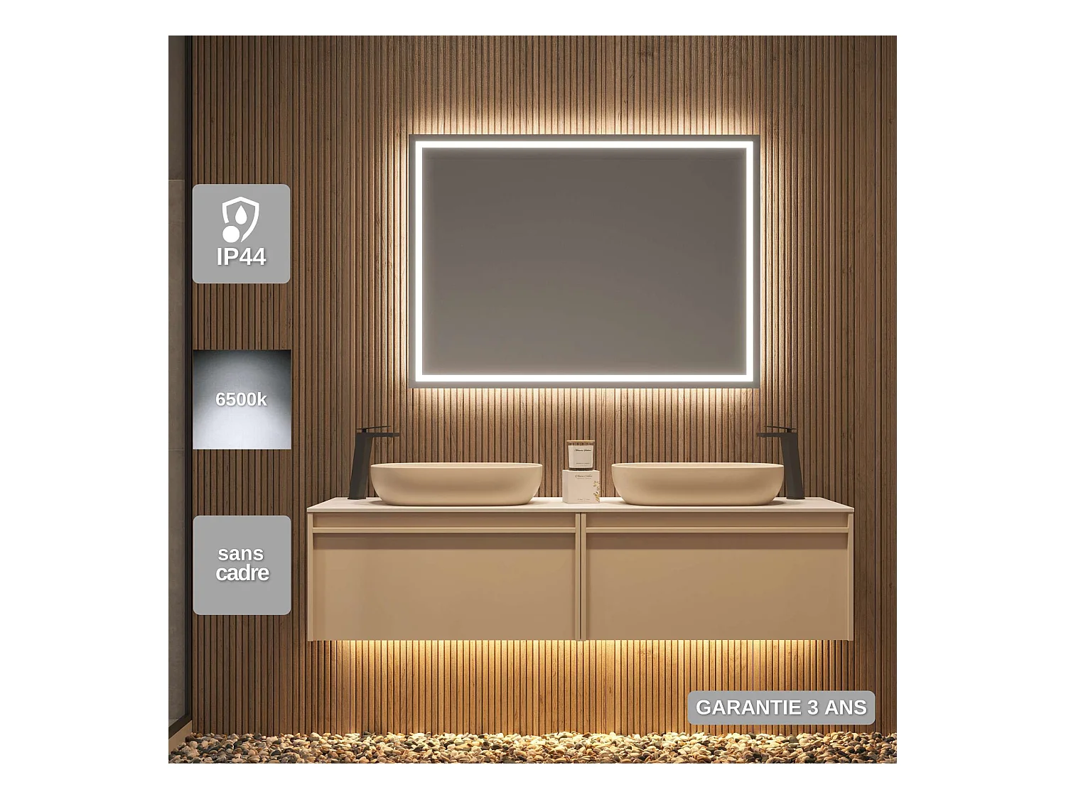 Miroir Salle de Bain FRANCIA - 70x80cm - Led Rétro-éclairé & Diffusion Frontal (6500K) - LEDIMEX