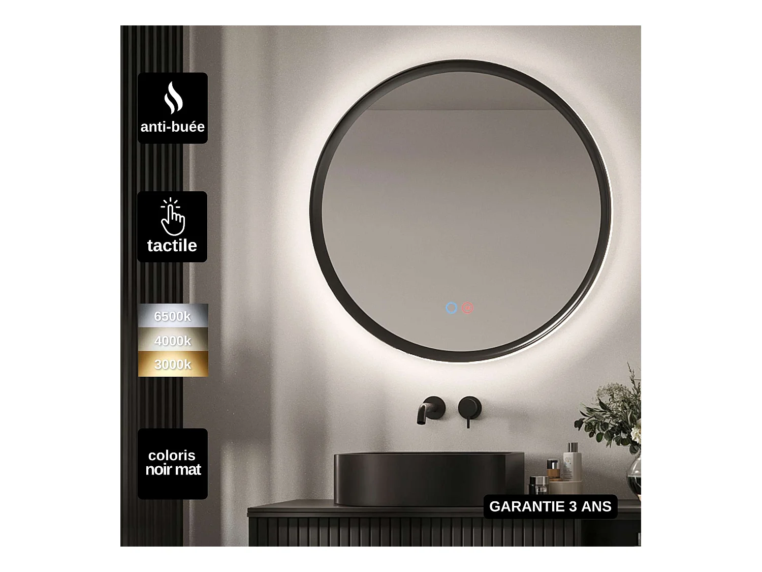 Miroir Salle de Bain TORINO Noir Ø80cm - T° Led Variable Rétro-éclairé & Frontal - Tactiles On/Off & Anti-Buée - LEDIMEX