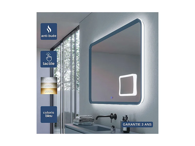 Miroir Led DUOMO Bleu 100X80cm - T° Led Variable Rétro-éclairé & Frontal - Tactiles On/Off & Anti-Buée - Zone X3 - LEDIMEX