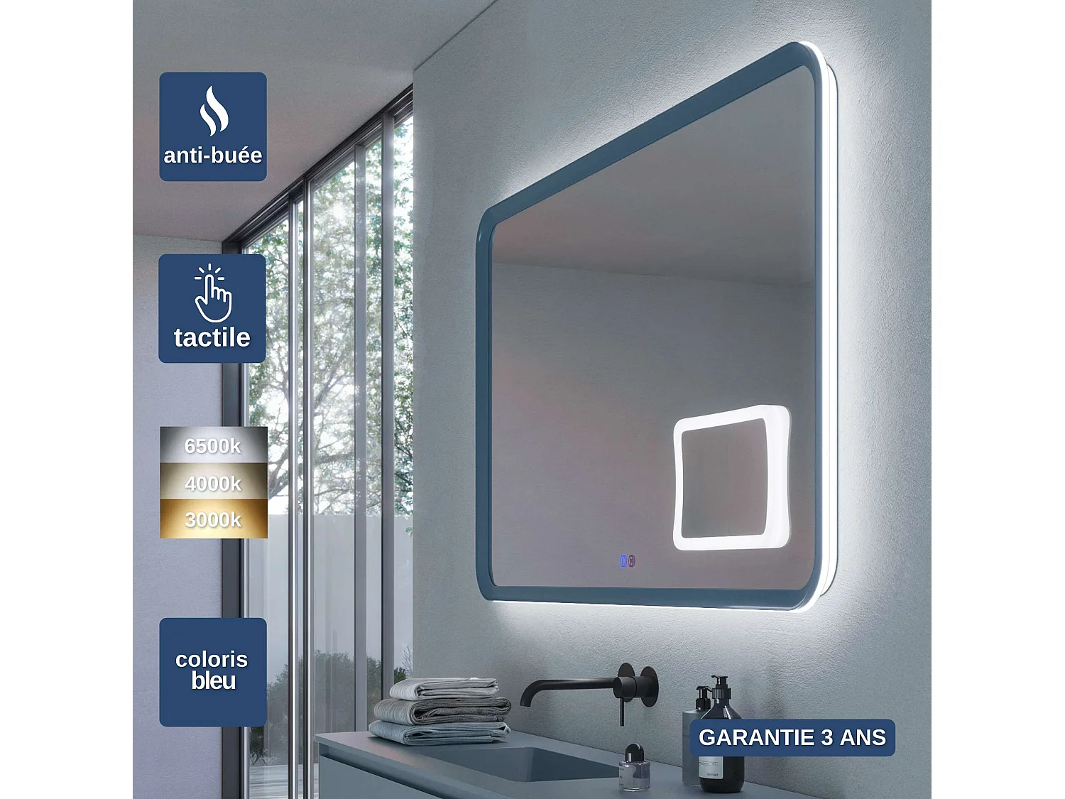Miroir Led DUOMO Bleu 100X80cm - T° Led Variable Rétro-éclairé & Frontal - Tactiles On/Off & Anti-Buée - Zone X3 - LEDIMEX