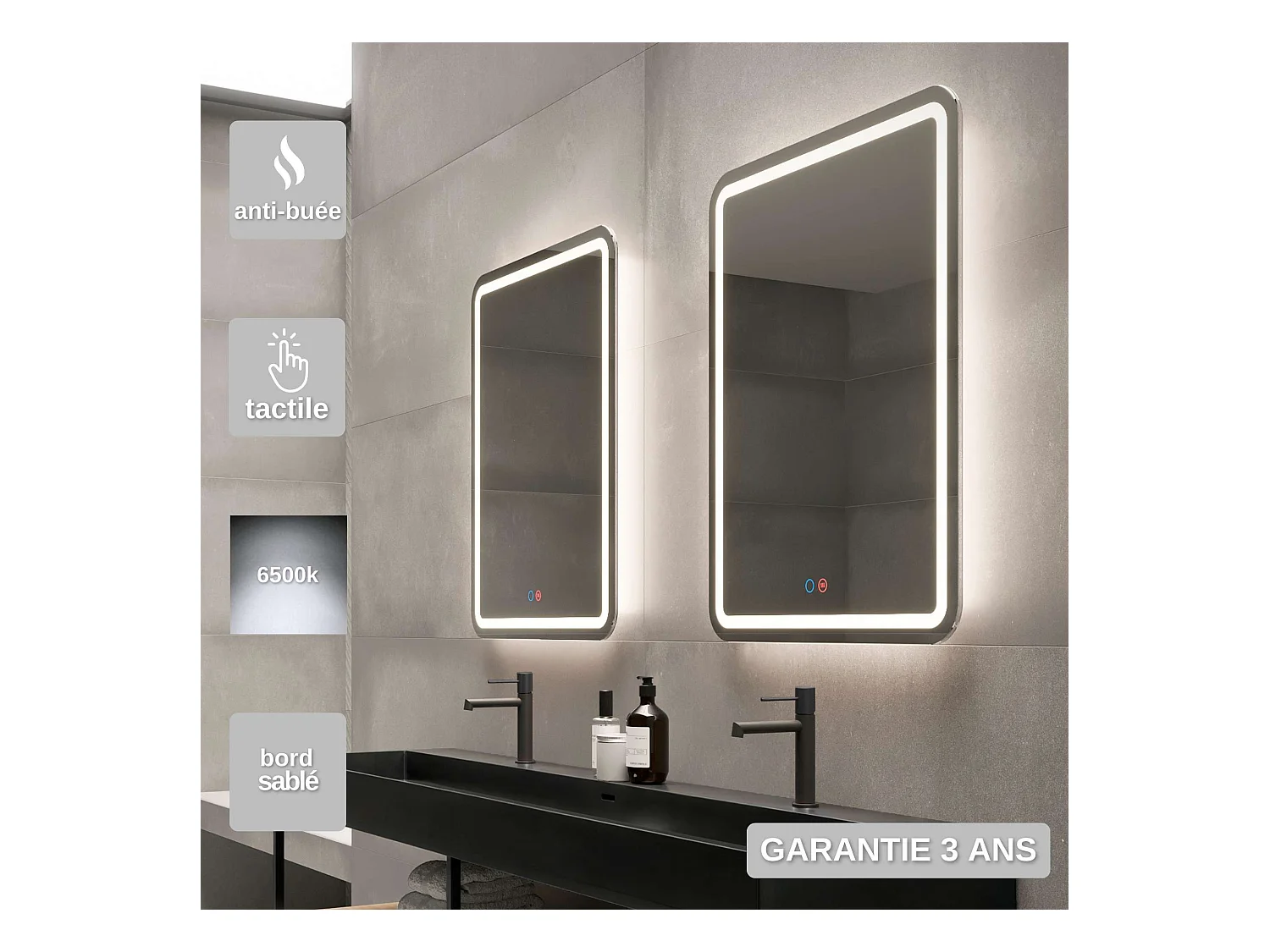 Miroir Salle de Bain GRECIA - 80x80cm - Led Rétro-éclairé & Diffusion Frontal - Tactiles On/Off & Anti-Buée - LEDIMEX