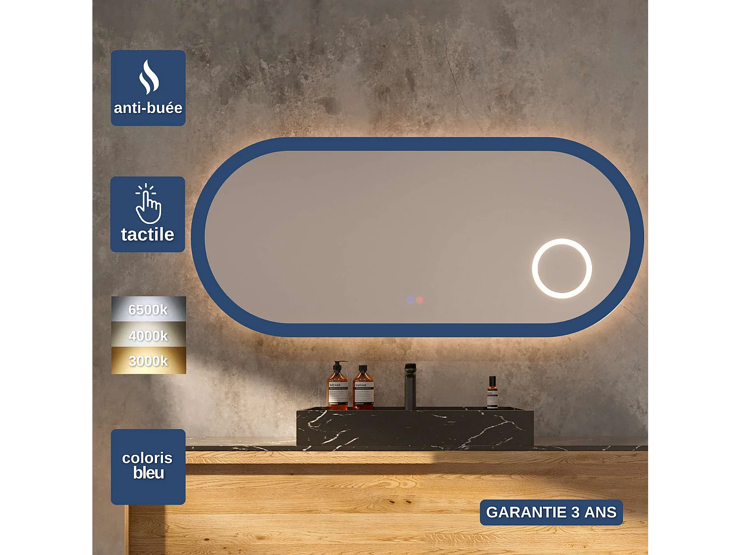 Miroir Led RIMINI Bleu 100X55cm - T° Led Variable Rétro-éclairé & Frontal - Tactiles On/Off & Anti-Buée - Zone X3 - LEDIMEX