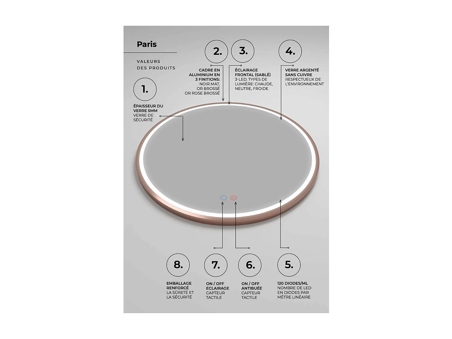 Miroir Salle de Bain PARIS - Ø60cm - Or Rose - Led Frontal T° Variable - Tactiles On/Off & Anti-Buée - LEDIMEX