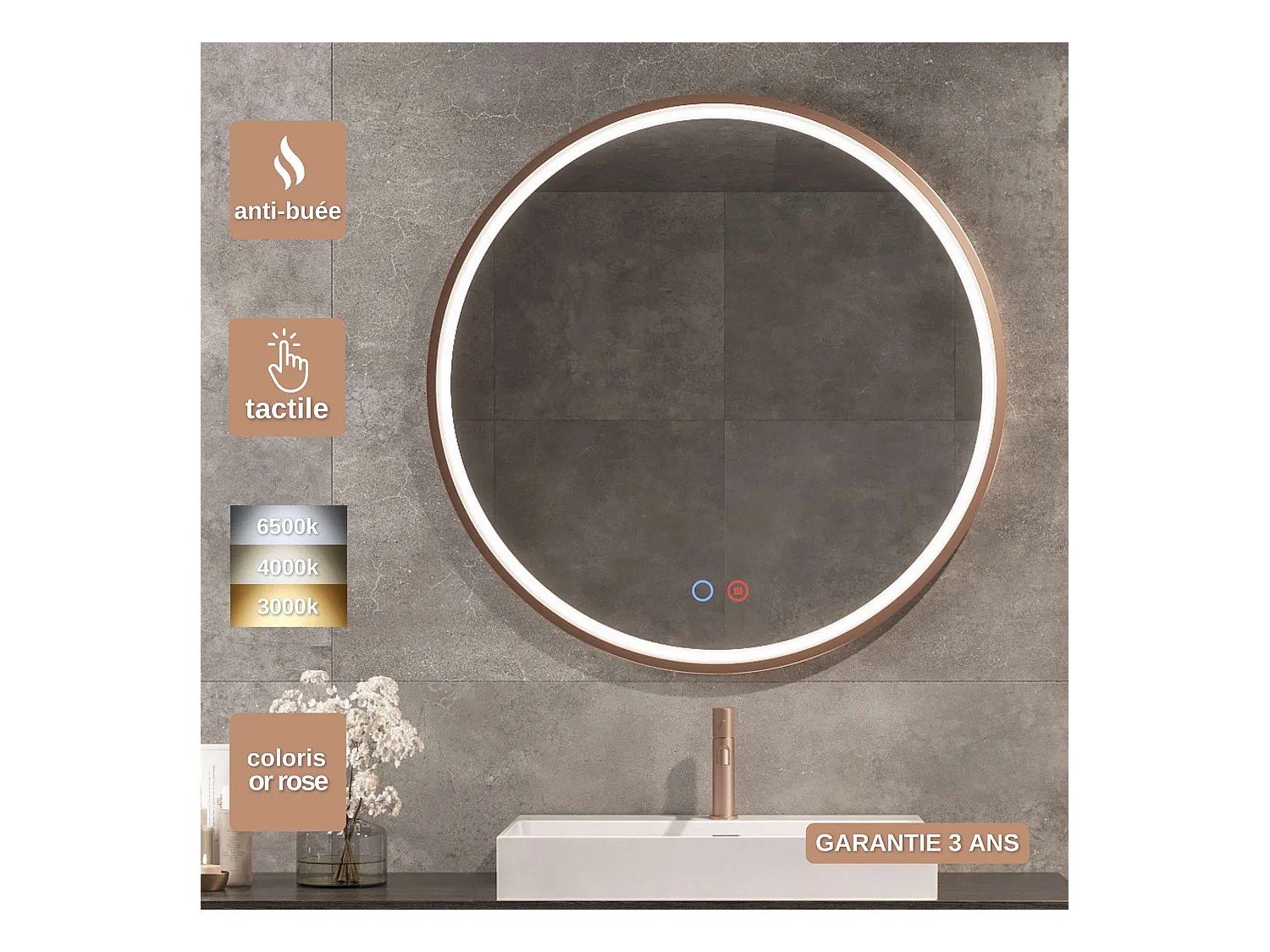 Miroir Salle de Bain PARIS - Ø60cm - Or Rose - Led Frontal T° Variable - Tactiles On/Off & Anti-Buée - LEDIMEX