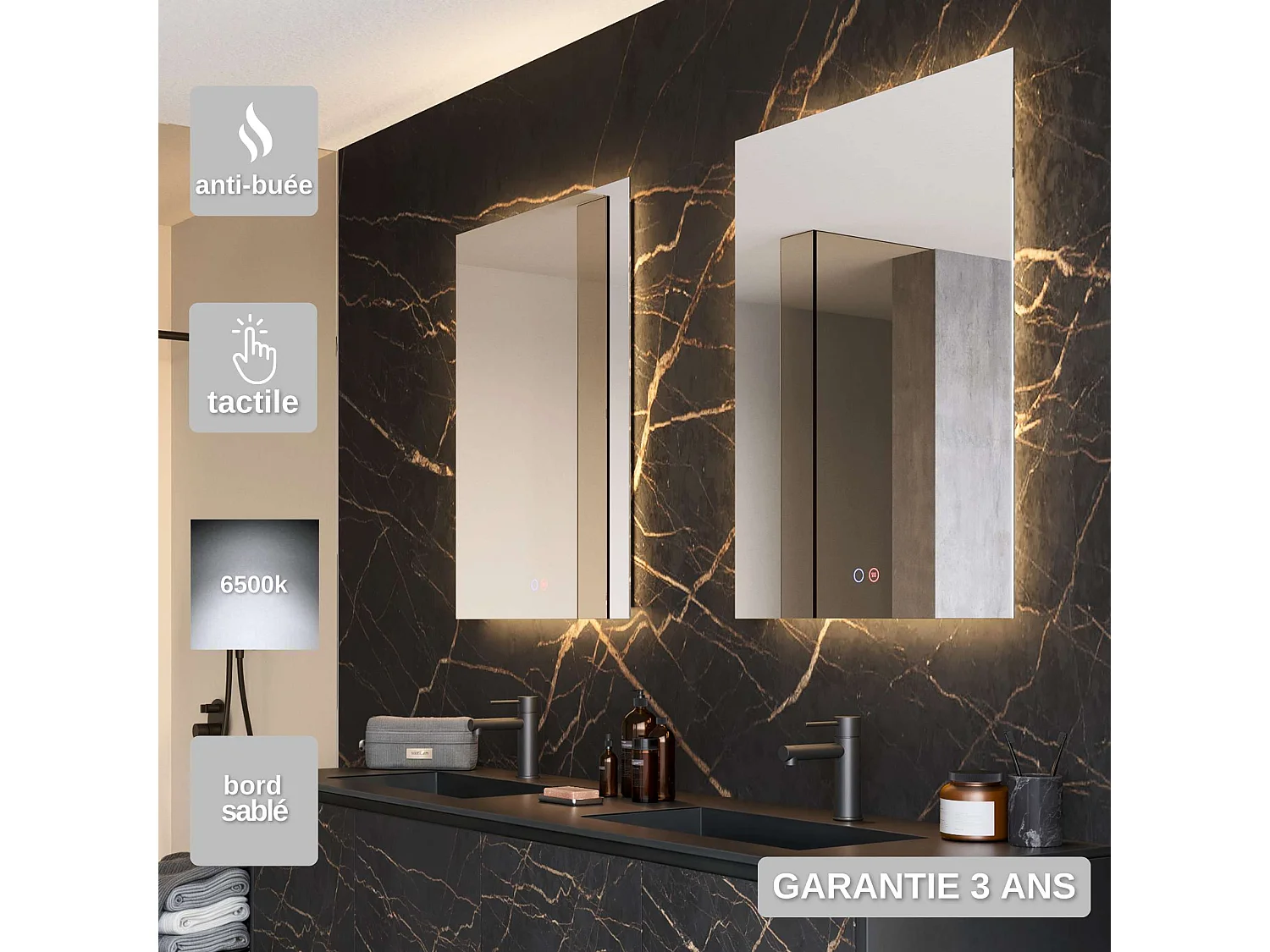 Miroir Salle de Bain ITALIA - 120x80cm - Led Rétro-éclairé (6500K) - Tactiles On/Off & Anti-Buée - LEDIMEX