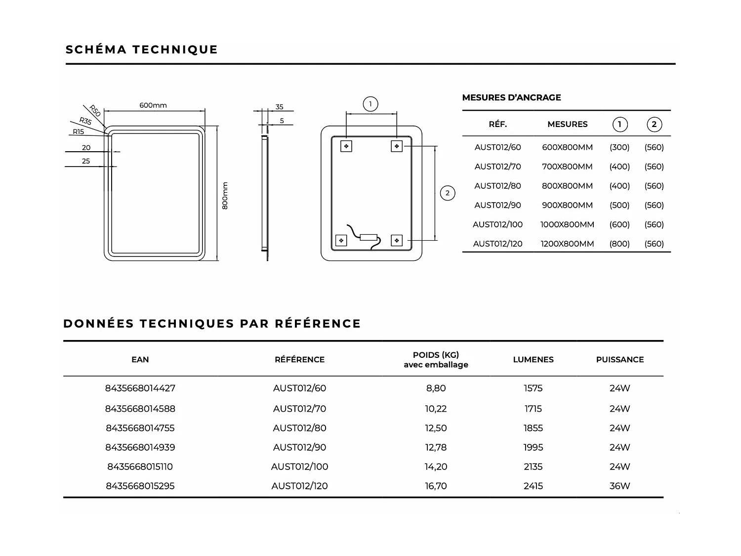 Miroir Salle de Bain AUSTRIA - 60x80cm - Led Rétro-éclairé & Diffusion Frontal (6500K) - LEDIMEX