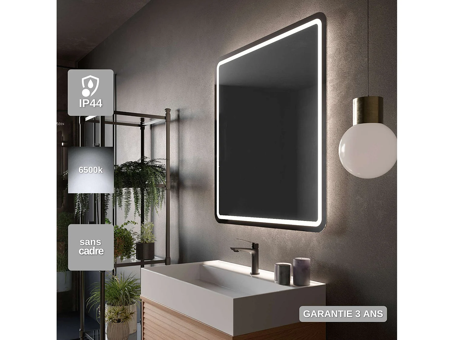 Miroir Salle de Bain AUSTRIA - 60x80cm - Led Rétro-éclairé & Diffusion Frontal (6500K) - LEDIMEX