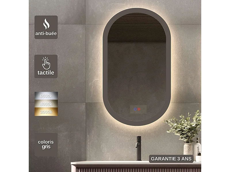 Miroir Salle de Bain MILANO Gris 50X90cm - Led T° Variable Rétro-éclairé & Frontal - Tactiles On/Off & Anti-Buée - LEDIMEX