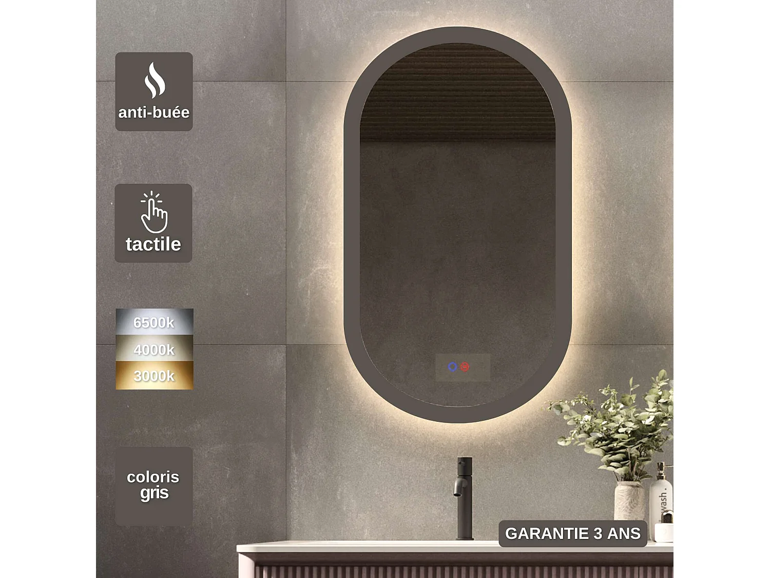 Miroir Salle de Bain MILANO Gris 50X90cm - Led T° Variable Rétro-éclairé & Frontal - Tactiles On/Off & Anti-Buée - LEDIMEX