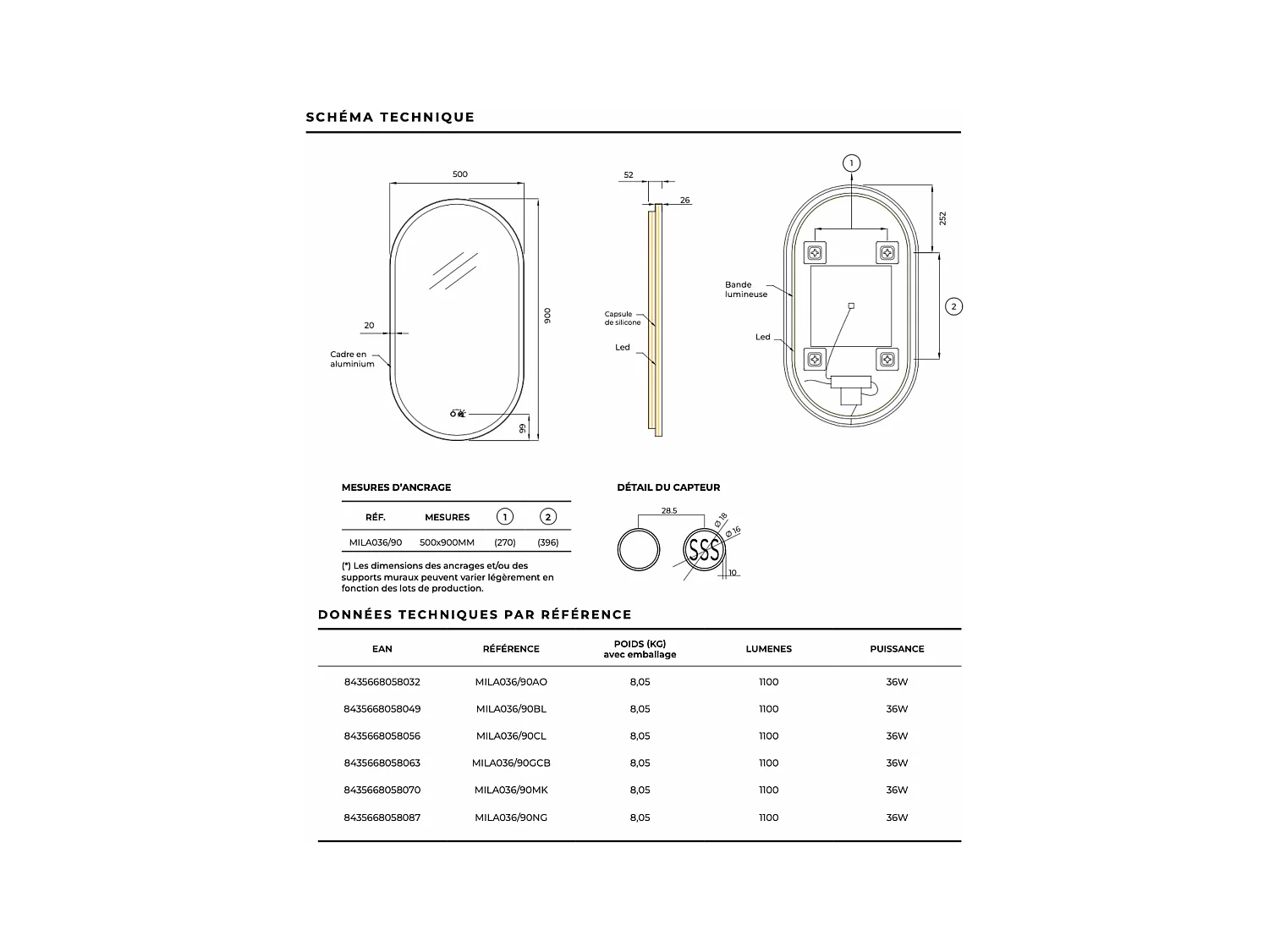 Miroir Salle de Bain MILANO Gris 50X90cm - Led T° Variable Rétro-éclairé & Frontal - Tactiles On/Off & Anti-Buée - LEDIMEX