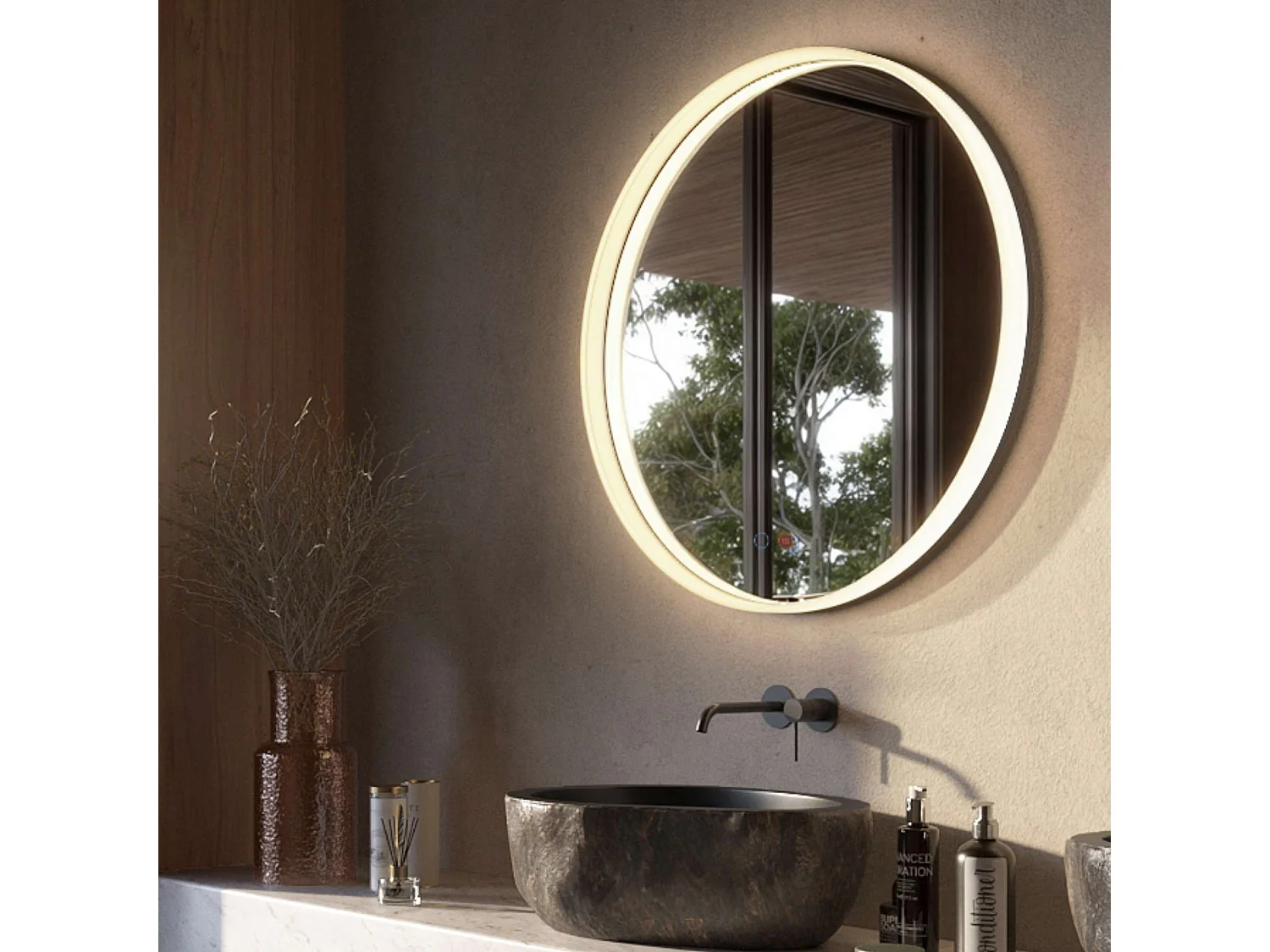 Miroir Salle de Bain BOLONIA - Ø80cm - Noir Mat - Éclairage Led Périphérique - Tactiles On/Off & Anti-Buée - LEDIMEX
