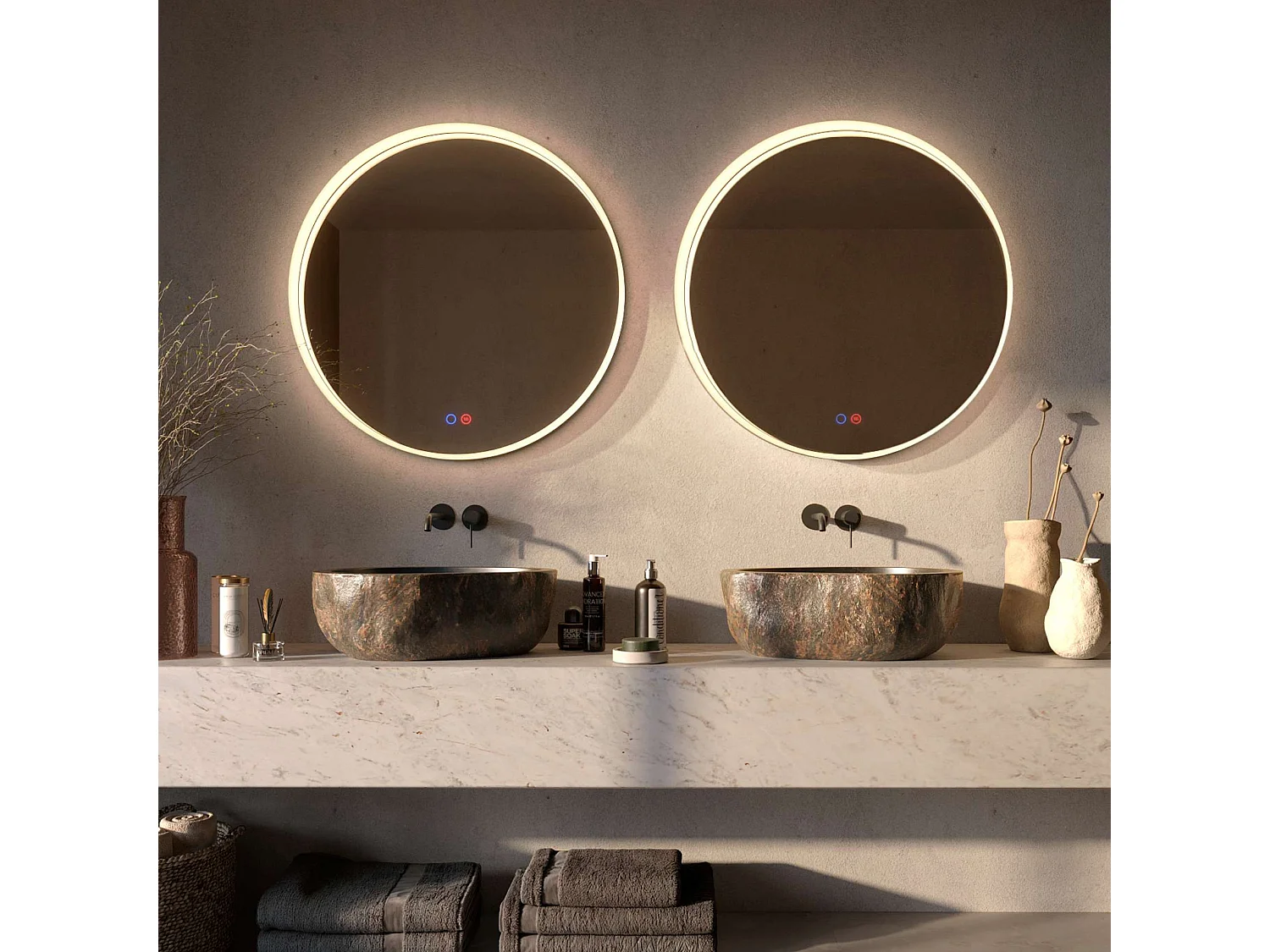 Miroir Salle de Bain BOLONIA - Ø80cm - Noir Mat - Éclairage Led Périphérique - Tactiles On/Off & Anti-Buée - LEDIMEX