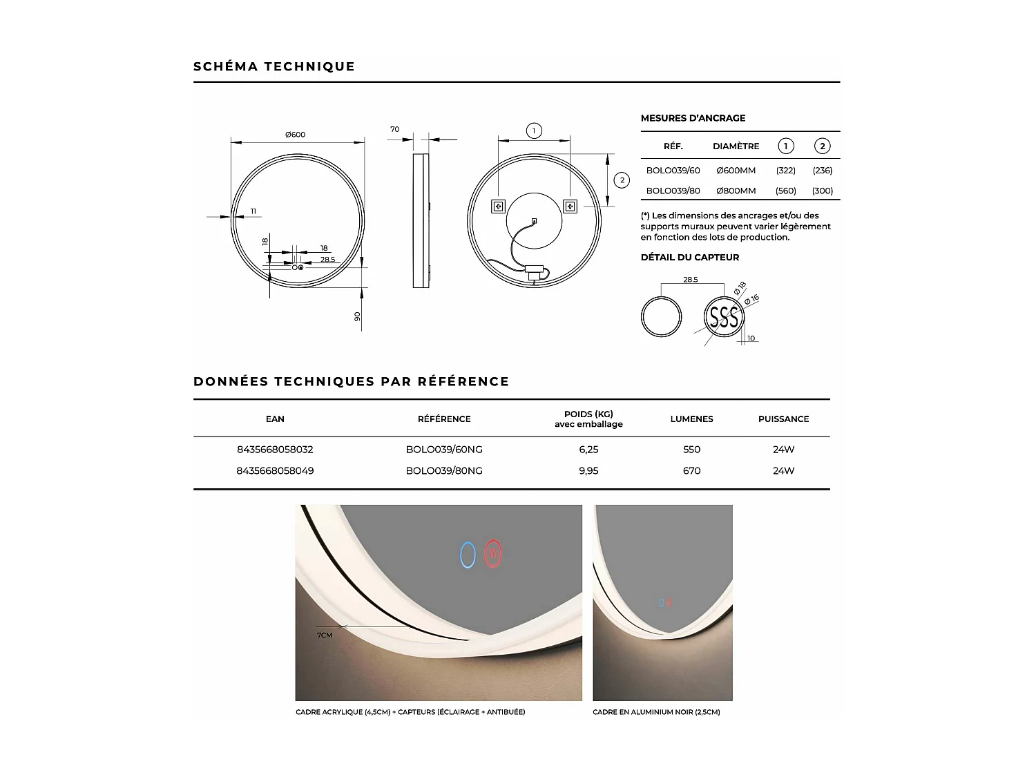 Miroir Salle de Bain BOLONIA - Ø80cm - Noir Mat - Éclairage Led Périphérique - Tactiles On/Off & Anti-Buée - LEDIMEX