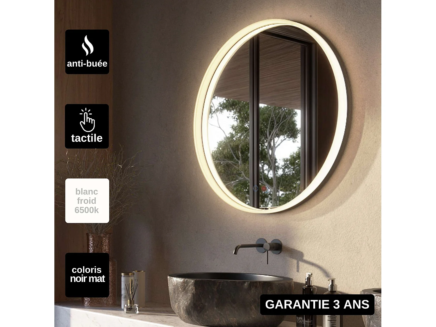 Miroir Salle de Bain BOLONIA - Ø80cm - Noir Mat - Éclairage Led Périphérique - Tactiles On/Off & Anti-Buée - LEDIMEX