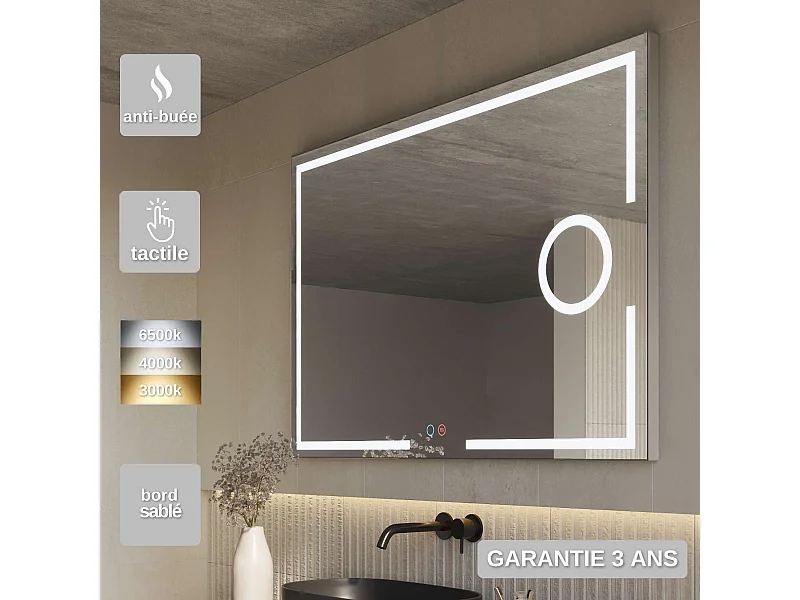 Miroir Salle de Bain MALTA - 80x80cm - T° Led Variable - Tactiles On/Off & Anti-Buée & Zone Grossissant X5 - LEDIMEX