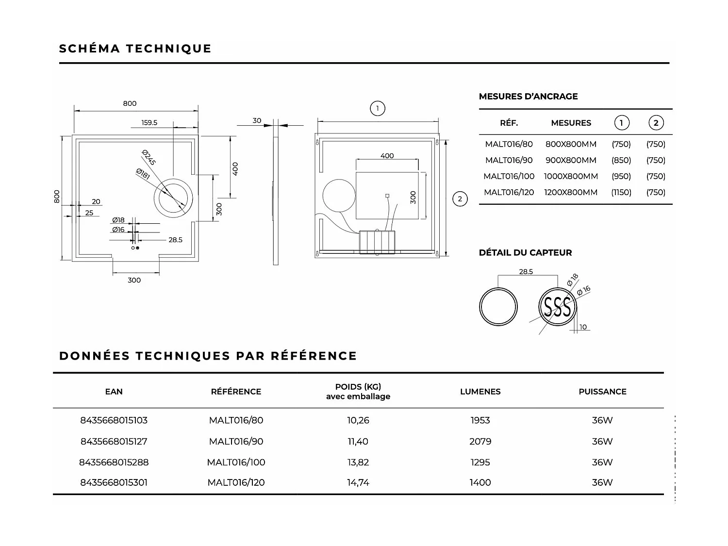 Miroir Salle de Bain MALTA - 80x80cm - T° Led Variable - Tactiles On/Off & Anti-Buée & Zone Grossissant X5 - LEDIMEX