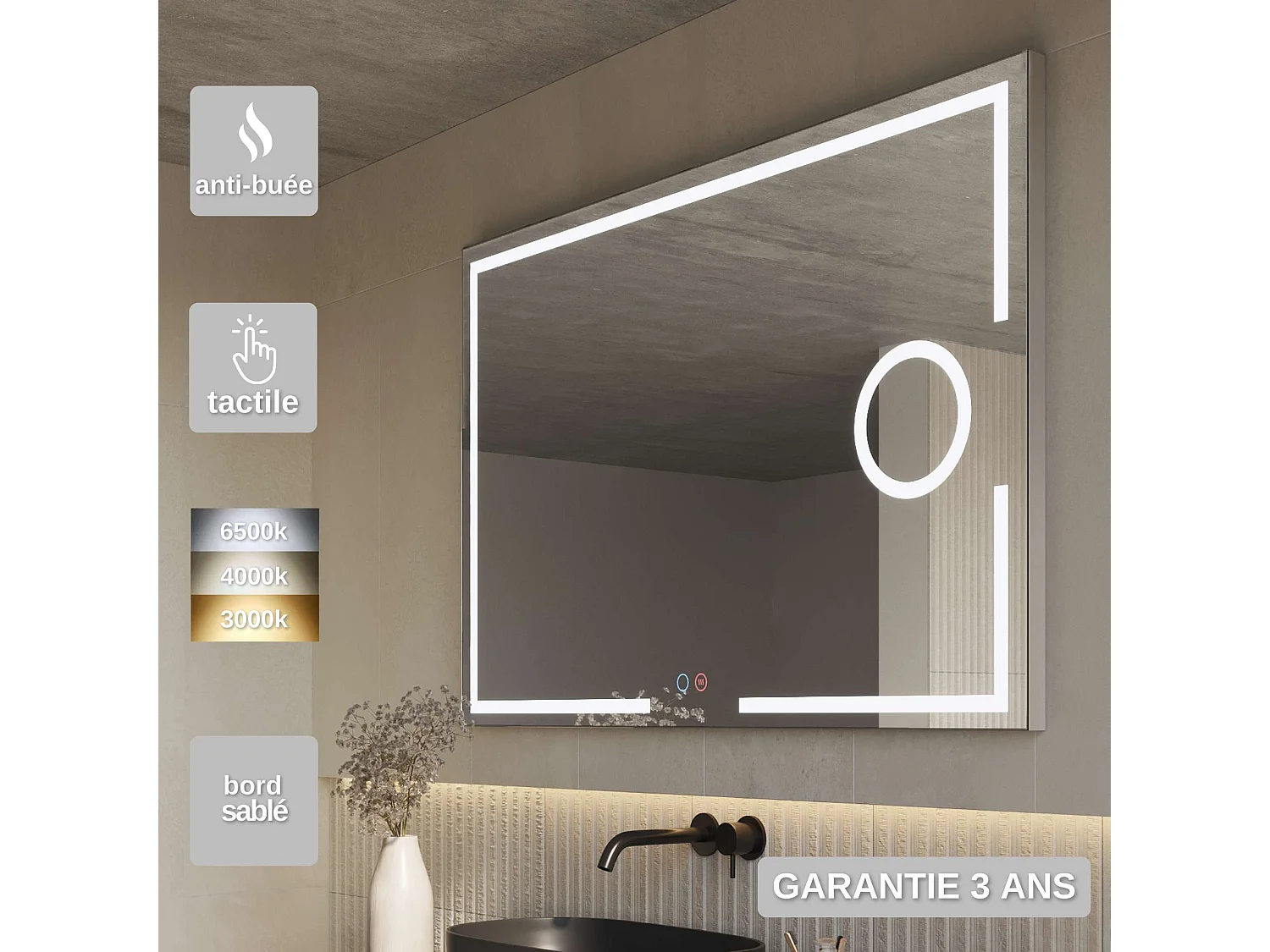Miroir Salle de Bain MALTA - 80x80cm - T° Led Variable - Tactiles On/Off & Anti-Buée & Zone Grossissant X5 - LEDIMEX